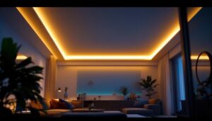 A photograph of a well-lit interior space showcasing a modern 5-inch can light trim installed in a stylish ceiling