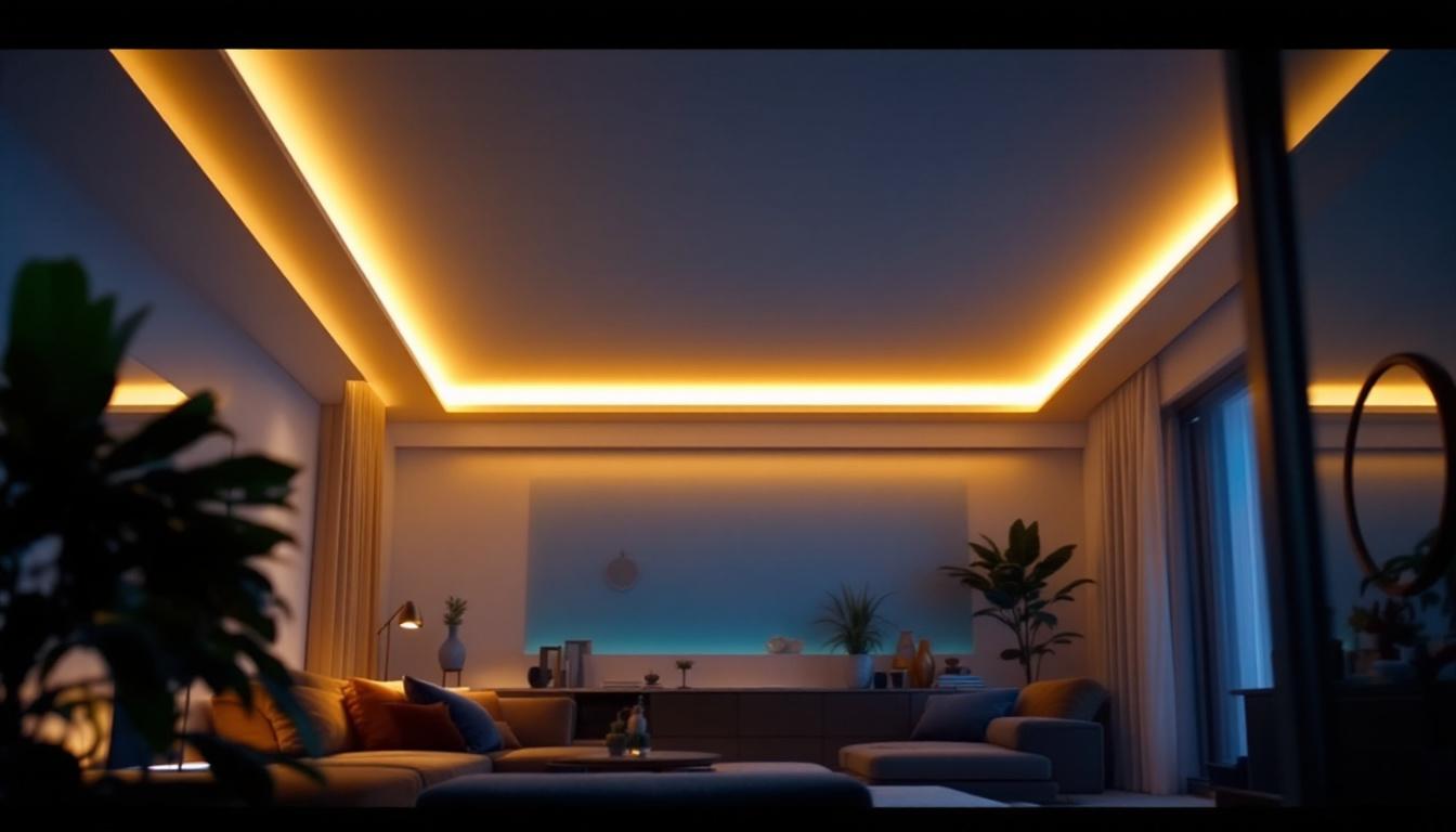 A photograph of a well-lit interior space showcasing a modern 5-inch can light trim installed in a stylish ceiling