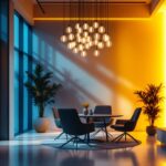 A photograph of a modern office space featuring an elegant chandelier that blends contemporary design with functional lighting