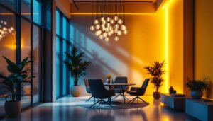 A photograph of a modern office space featuring an elegant chandelier that blends contemporary design with functional lighting