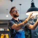 A photograph of a skilled lighting contractor at work