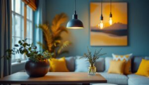 A photograph of a beautifully designed room featuring stylish room and board pendant lights