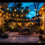 A photograph of a vibrant outdoor scene showcasing solar-powered led light strips elegantly illuminating a patio or garden area at dusk