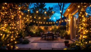 A photograph of a vibrant outdoor scene showcasing solar-powered led light strips elegantly illuminating a patio or garden area at dusk