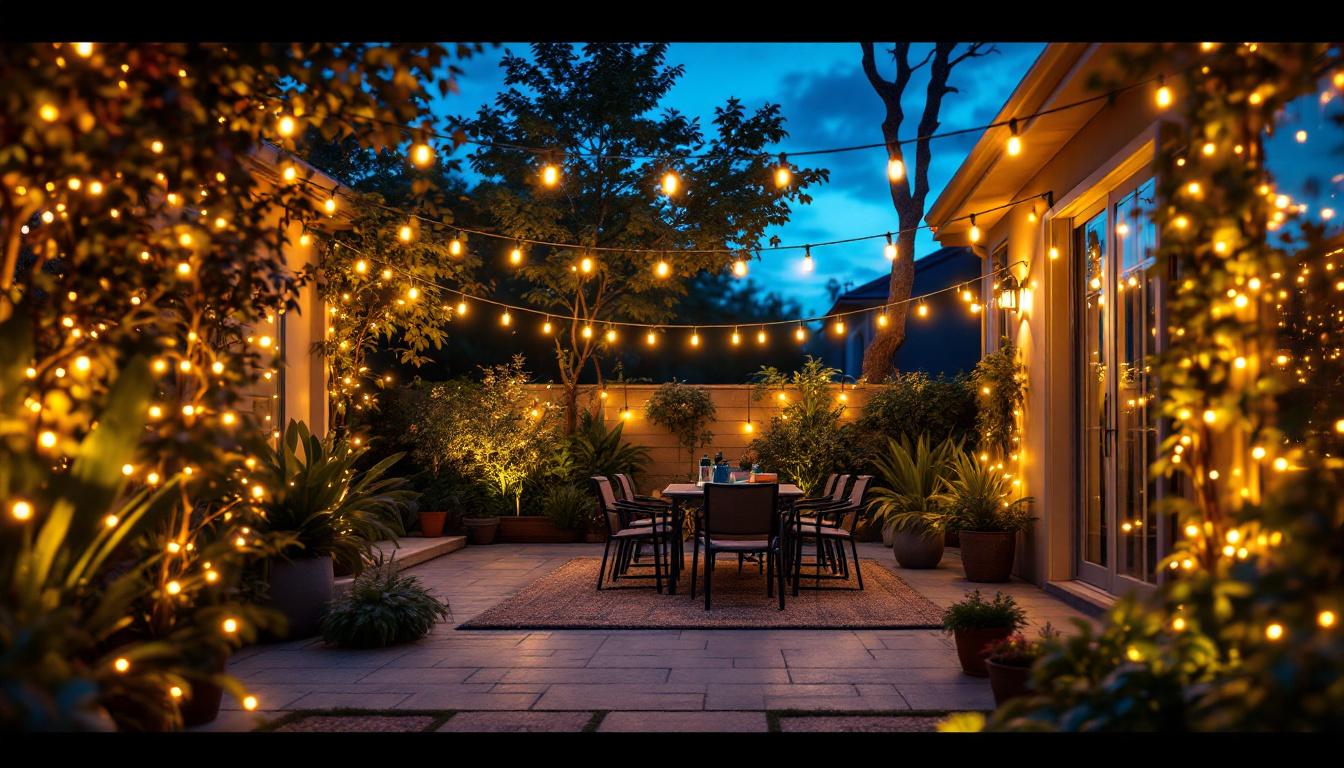 A photograph of a vibrant outdoor scene showcasing solar-powered led light strips elegantly illuminating a patio or garden area at dusk