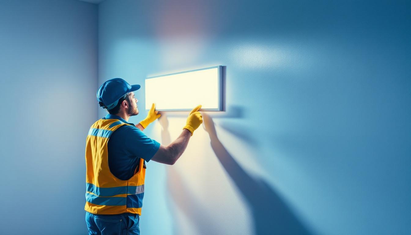 A photograph of a lighting contractor skillfully installing sleek panel lights on a modern wall