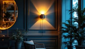 A photograph of a beautifully designed large wall light fixture installed in an elegant interior setting