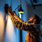 A photograph of a lighting contractor in action