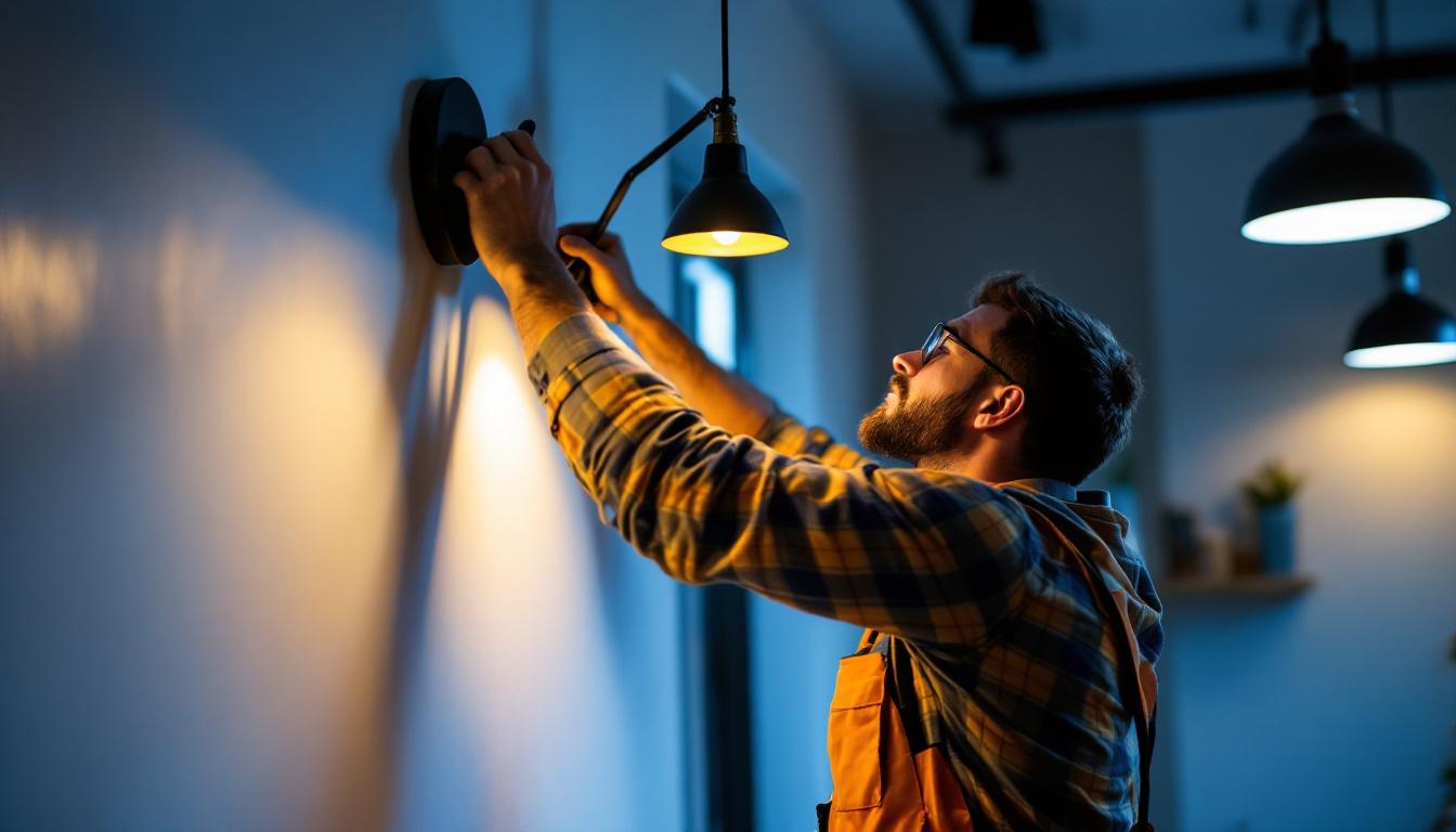A photograph of a lighting contractor in action