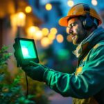 A photograph of a lighting contractor installing or showcasing a vibrant green led flood light in an outdoor setting