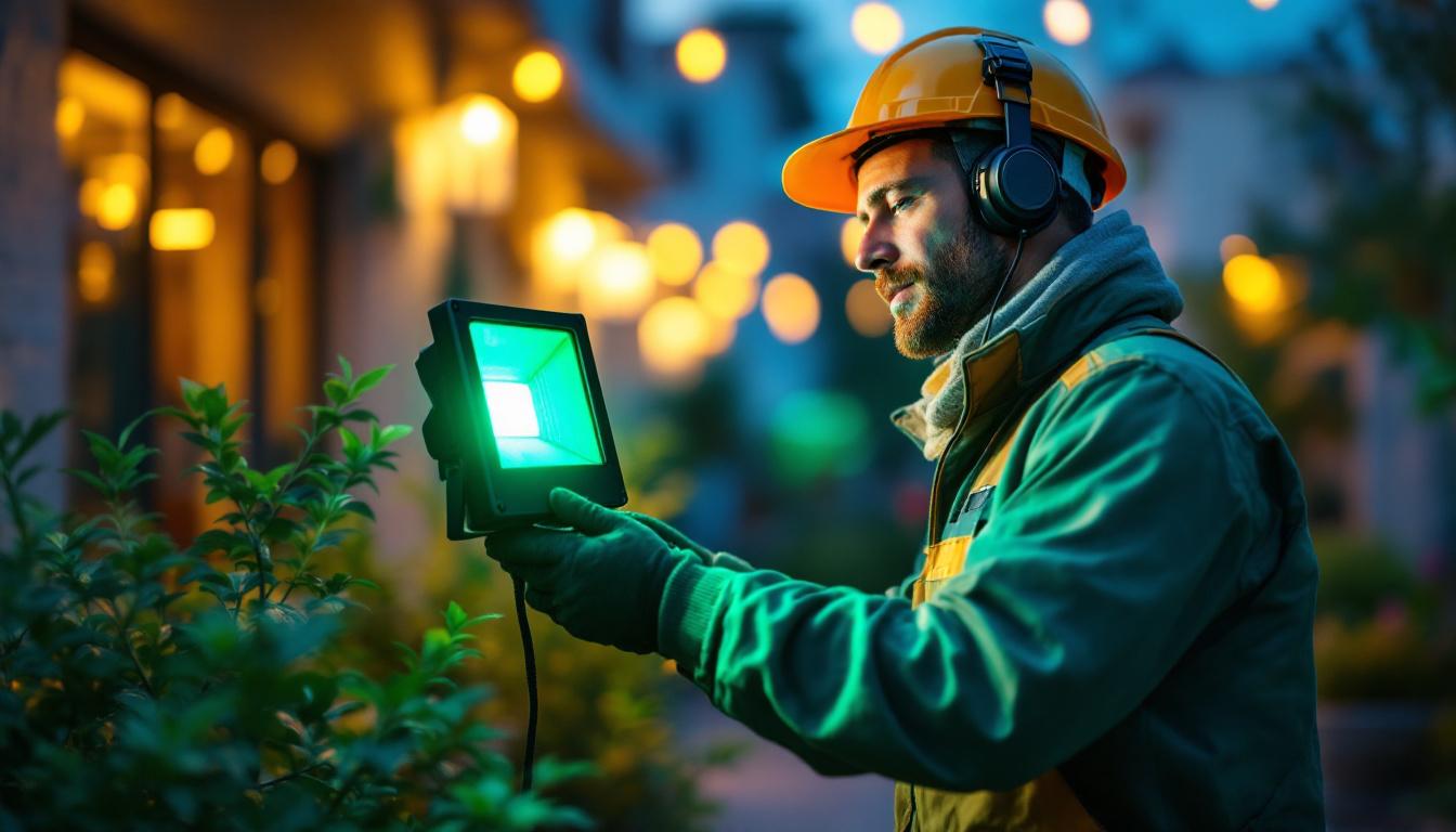A photograph of a lighting contractor installing or showcasing a vibrant green led flood light in an outdoor setting
