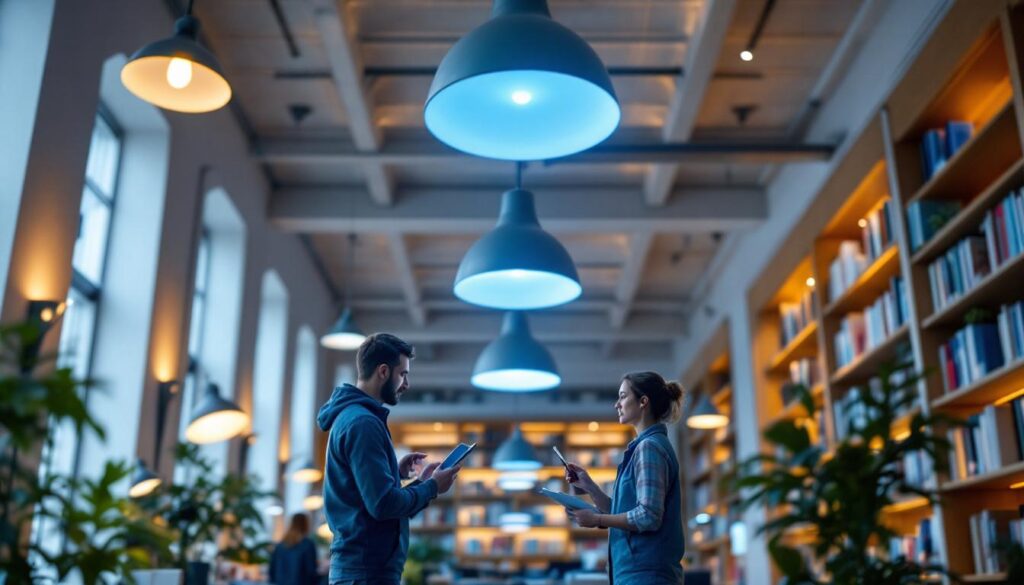 A photograph of a well-lit library interior showcasing elegant ceiling lights