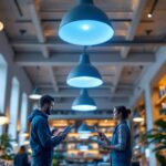 A photograph of a well-lit library interior showcasing elegant ceiling lights