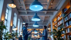 A photograph of a well-lit library interior showcasing elegant ceiling lights