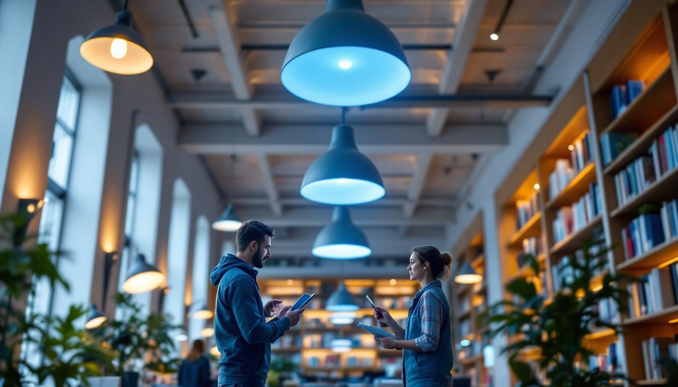 A photograph of a well-lit library interior showcasing elegant ceiling lights