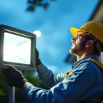 A photograph of a professional lighting contractor installing a single flood light in an outdoor setting