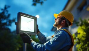 A photograph of a professional lighting contractor installing a single flood light in an outdoor setting