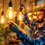 A photograph of a lighting contractor skillfully installing energy-efficient gas-looking light bulbs in a modern home setting