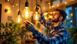 A photograph of a lighting contractor skillfully installing energy-efficient gas-looking light bulbs in a modern home setting
