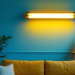 A photograph of a stylish retro fluorescent light fixture in a well-decorated room
