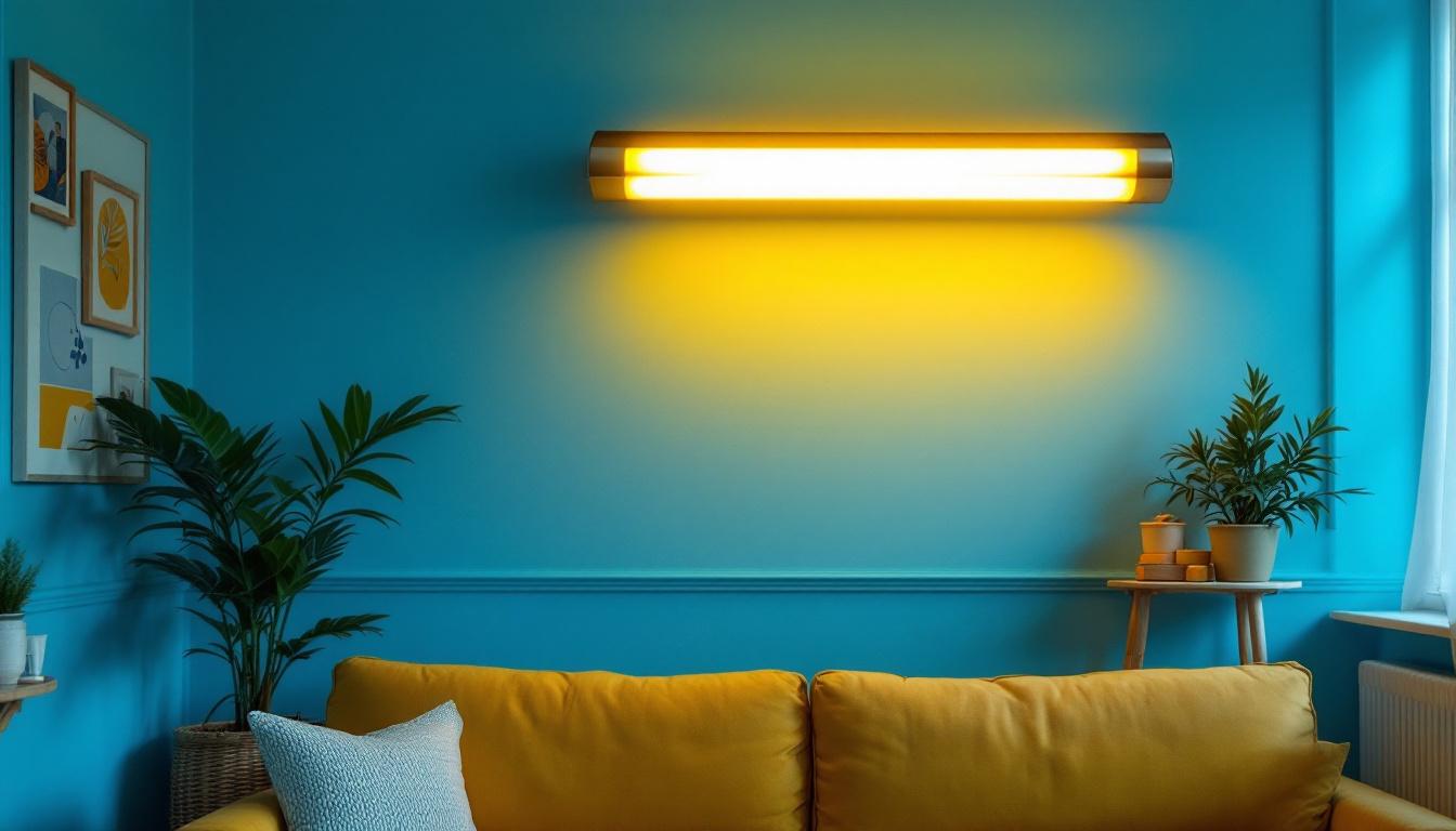 A photograph of a stylish retro fluorescent light fixture in a well-decorated room