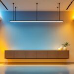 A photograph of a modern interior space featuring sleek linear suspension light fixtures elegantly illuminating the area