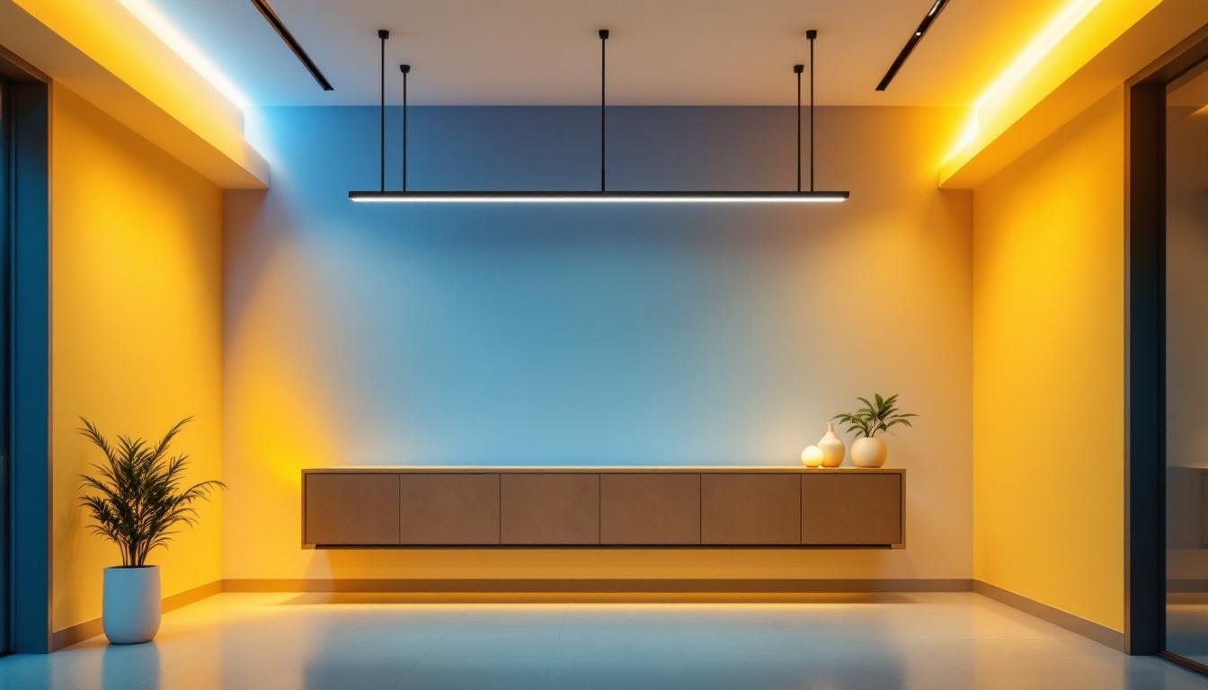 A photograph of a modern interior space featuring sleek linear suspension light fixtures elegantly illuminating the area
