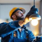 A photograph of a skilled lighting contractor installing a modern led lamp holder in a stylish interior setting