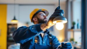 A photograph of a skilled lighting contractor installing a modern led lamp holder in a stylish interior setting
