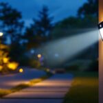 A photograph of a well-lit outdoor scene featuring a 120-volt motion sensor in action