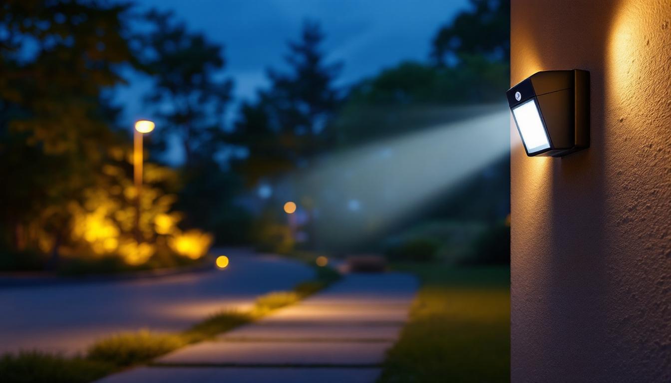 A photograph of a well-lit outdoor scene featuring a 120-volt motion sensor in action