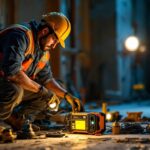 A photograph of a lighting contractor using a 750-watt power inverter on a job site
