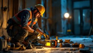A photograph of a lighting contractor using a 750-watt power inverter on a job site