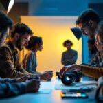 A photograph of a diverse group of team members engaged in a hands-on lighting training session