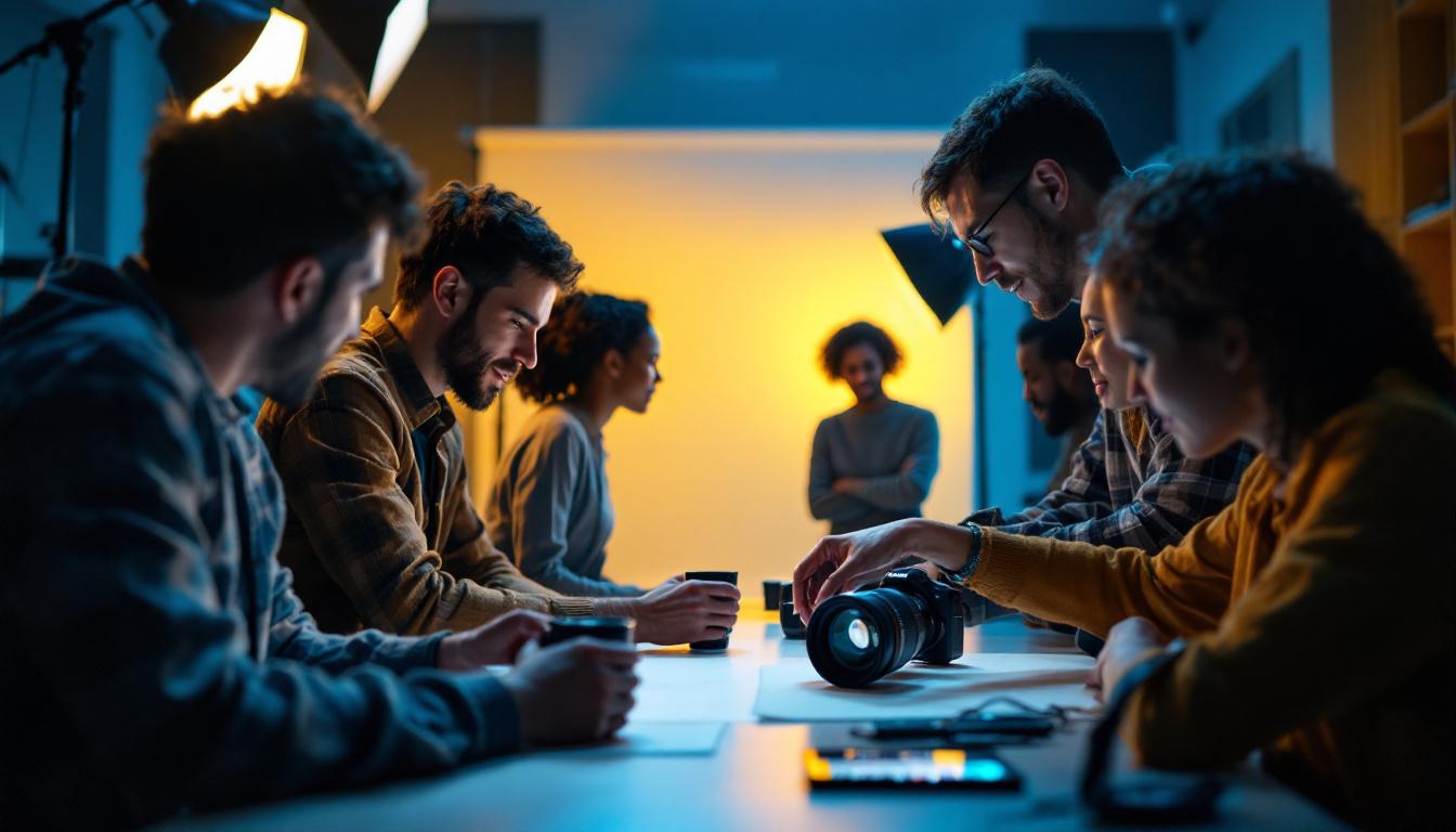 A photograph of a diverse group of team members engaged in a hands-on lighting training session