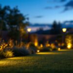 A photograph of a beautifully illuminated outdoor space showcasing professional landscape lights in action