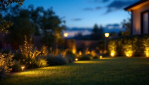 A photograph of a beautifully illuminated outdoor space showcasing professional landscape lights in action