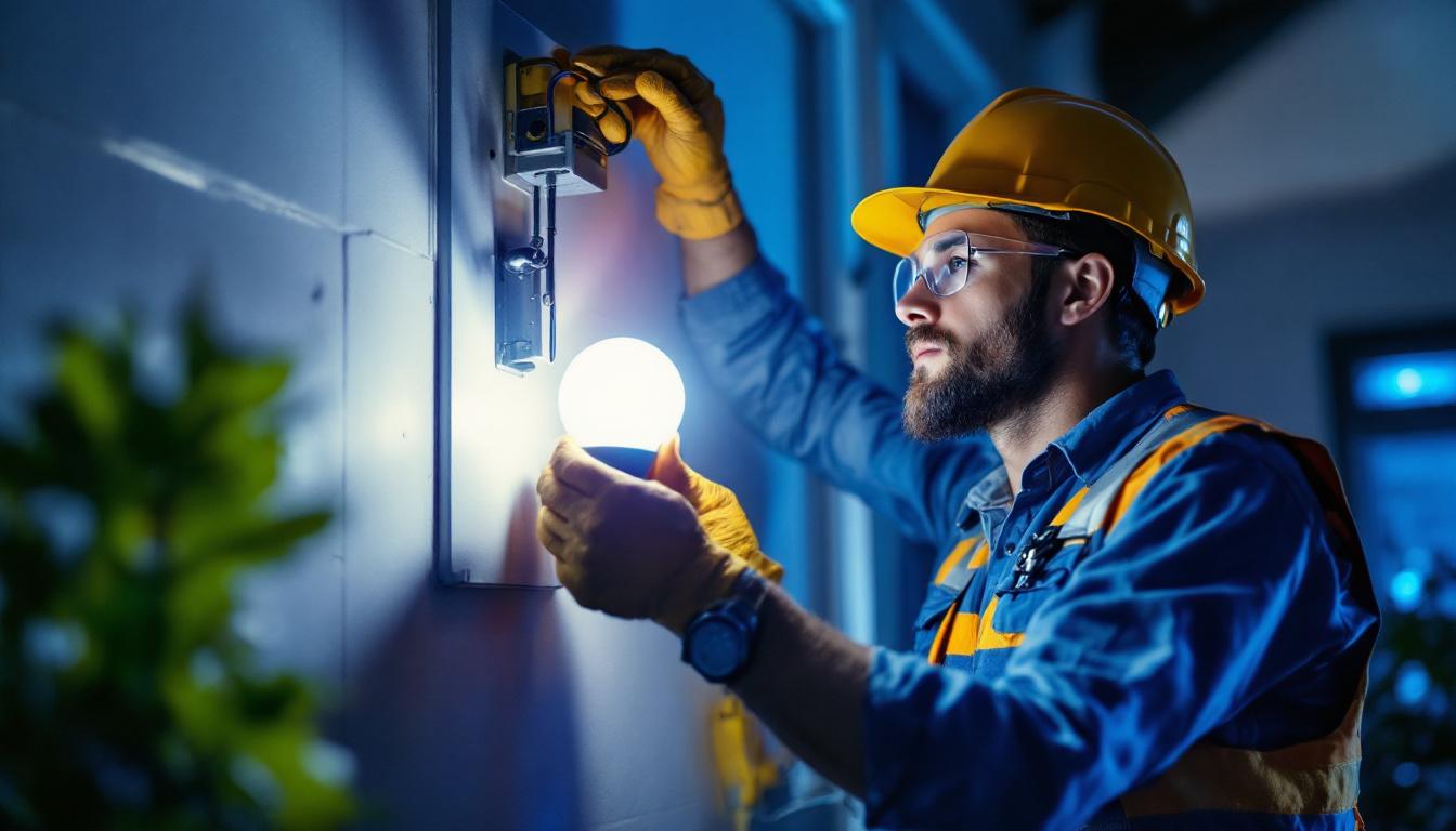 A photograph of a lighting contractor inspecting or installing led lamps in a residential or commercial setting