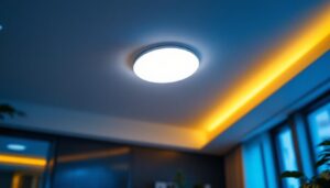 A photograph of a well-lit interior space featuring flat led recessed lights installed in a ceiling