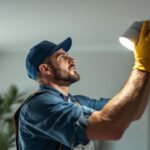 A photograph of a skilled lighting contractor installing a 7-inch led retrofit can light in a modern home setting