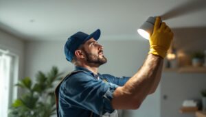 A photograph of a skilled lighting contractor installing a 7-inch led retrofit can light in a modern home setting