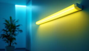 A photograph of a well-lit interior space showcasing a modern t5 fluorescent lamp fixture in use