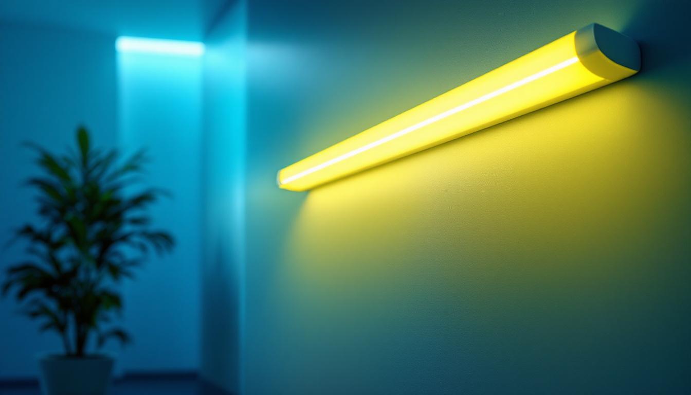 A photograph of a well-lit interior space showcasing a modern t5 fluorescent lamp fixture in use