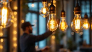 A photograph of an elegant lighting setup featuring gas-like light bulbs in a stylish interior
