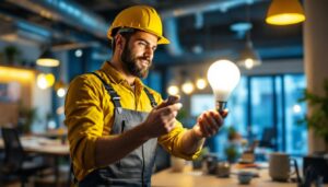 A photograph of a lighting contractor showcasing a lumen bulb installation in a modern workspace
