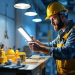 A photograph of a well-lit construction site or workspace featuring a contractor installing or showcasing 100-watt led lights