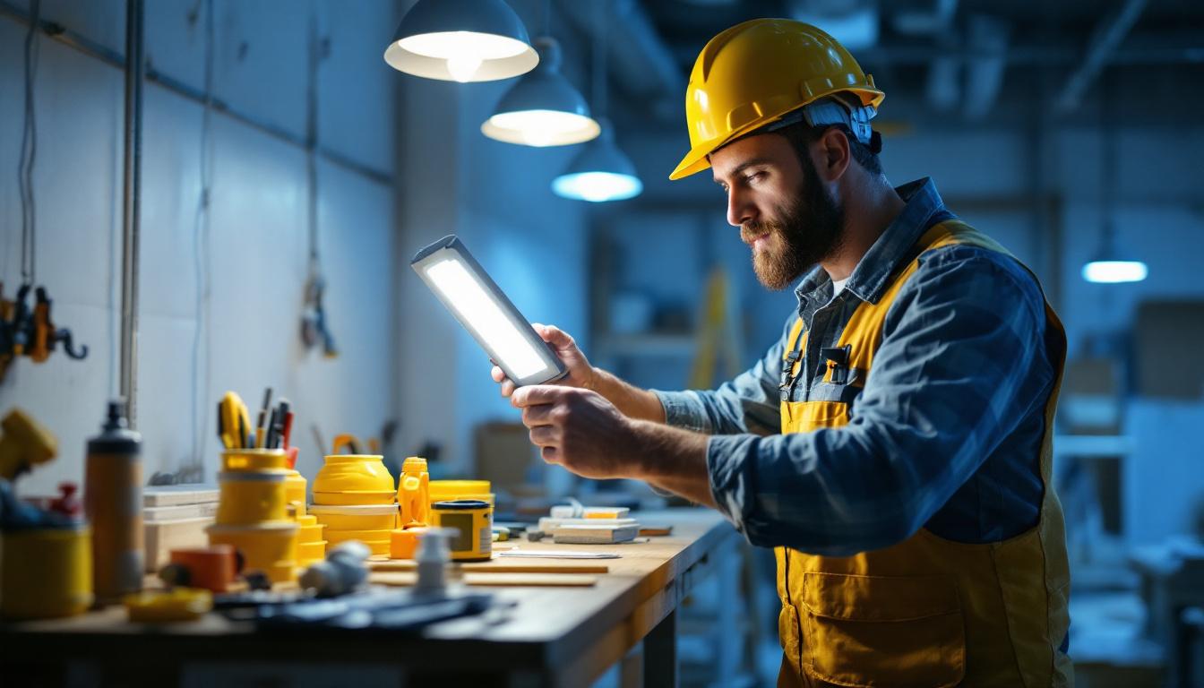 A photograph of a well-lit construction site or workspace featuring a contractor installing or showcasing 100-watt led lights