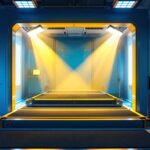 A photograph of a well-lit paint booth showcasing various lighting options