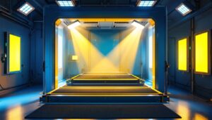 A photograph of a well-lit paint booth showcasing various lighting options