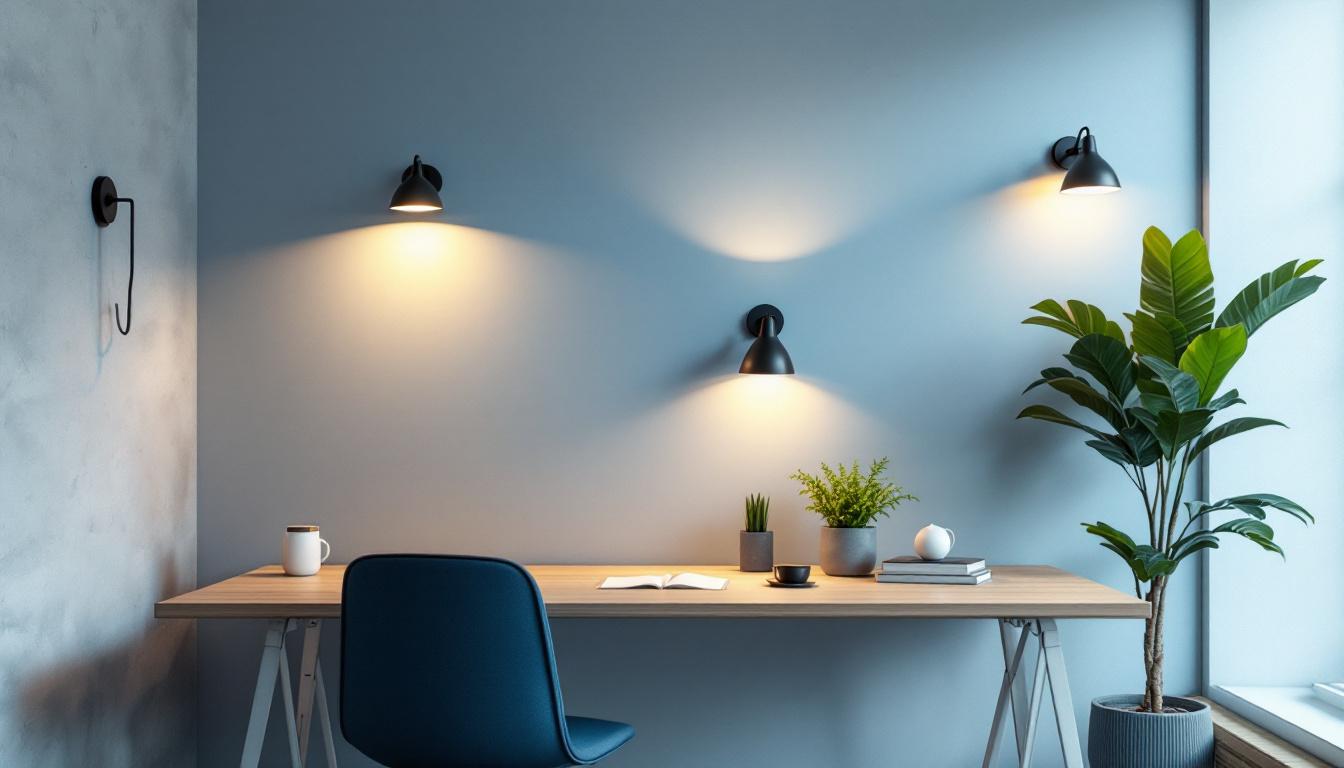 A photograph of a modern office setting featuring various styles of wall lights